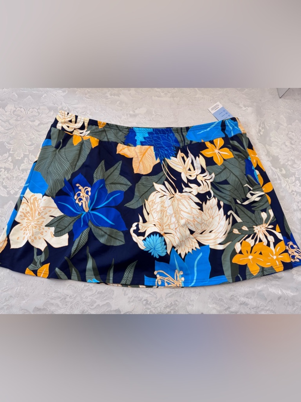 Lands' End Plus 20W Tummy Control Swim Skirt Modest Navy Floral Blooms Slimming
